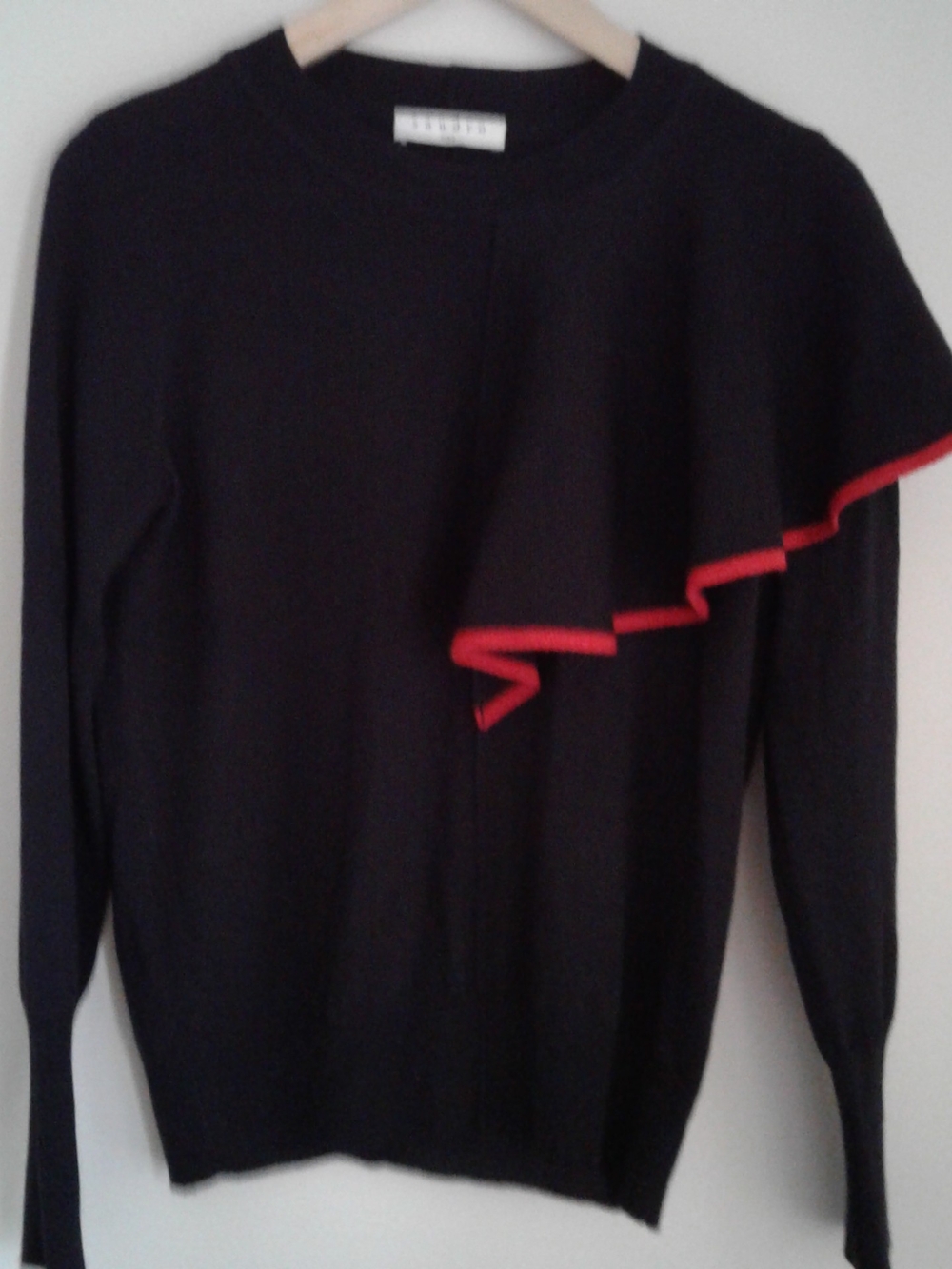 Sandro Black Crewneck Sweater with Red-Trim Ruffle